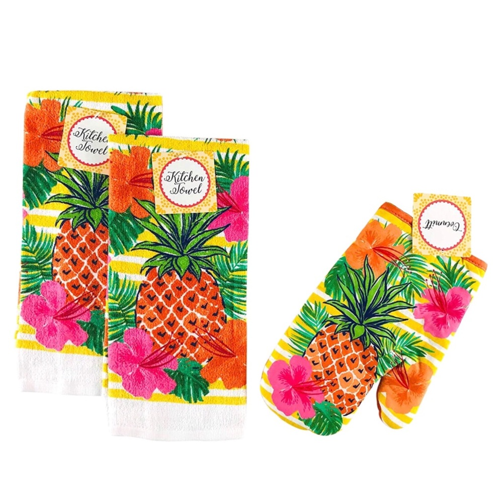 Tropical Pineapple Kitchen Towels & Oven Mitt Linen Set, 3pc